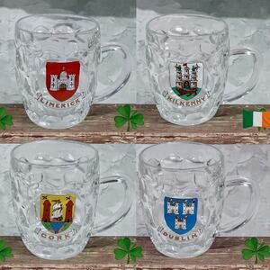 VTG Set of 4 Small Dimpled Glass Mugs Ireland Dubline Kilkenny Limerick Cork